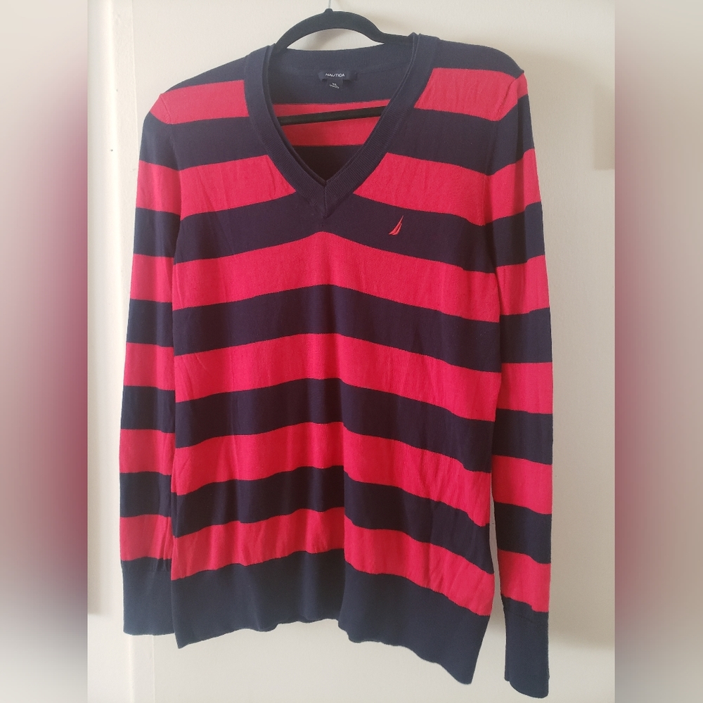 Nautica V-neck Sweater Red & Navy Stripes